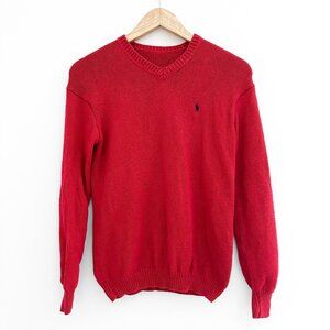Polo Ralph Lauren Sweater Red Knitted V-Neck - Classic Preppy Heavy Knit - Sz XS